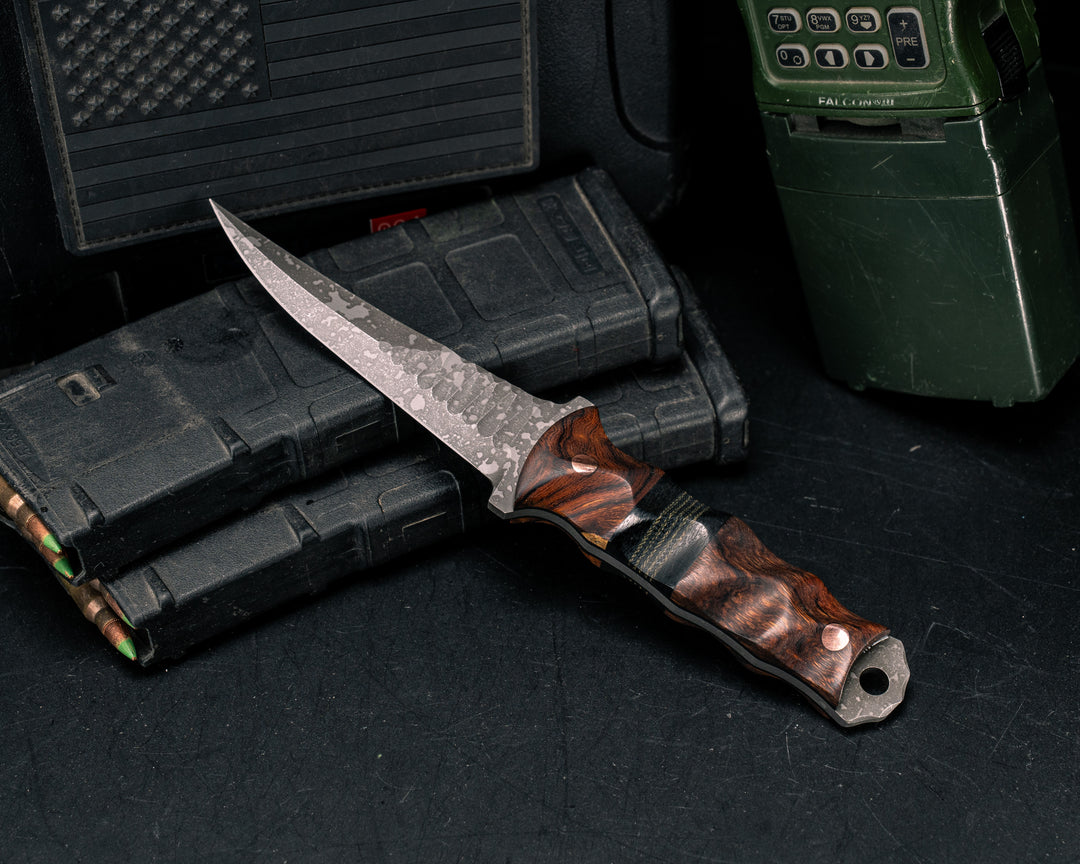 Combat Filet- Desert Ironwood, Black Canvas Micarta and Layered OD Green and Black Canvas Micarta Split, Copper Pins, Textured Grip