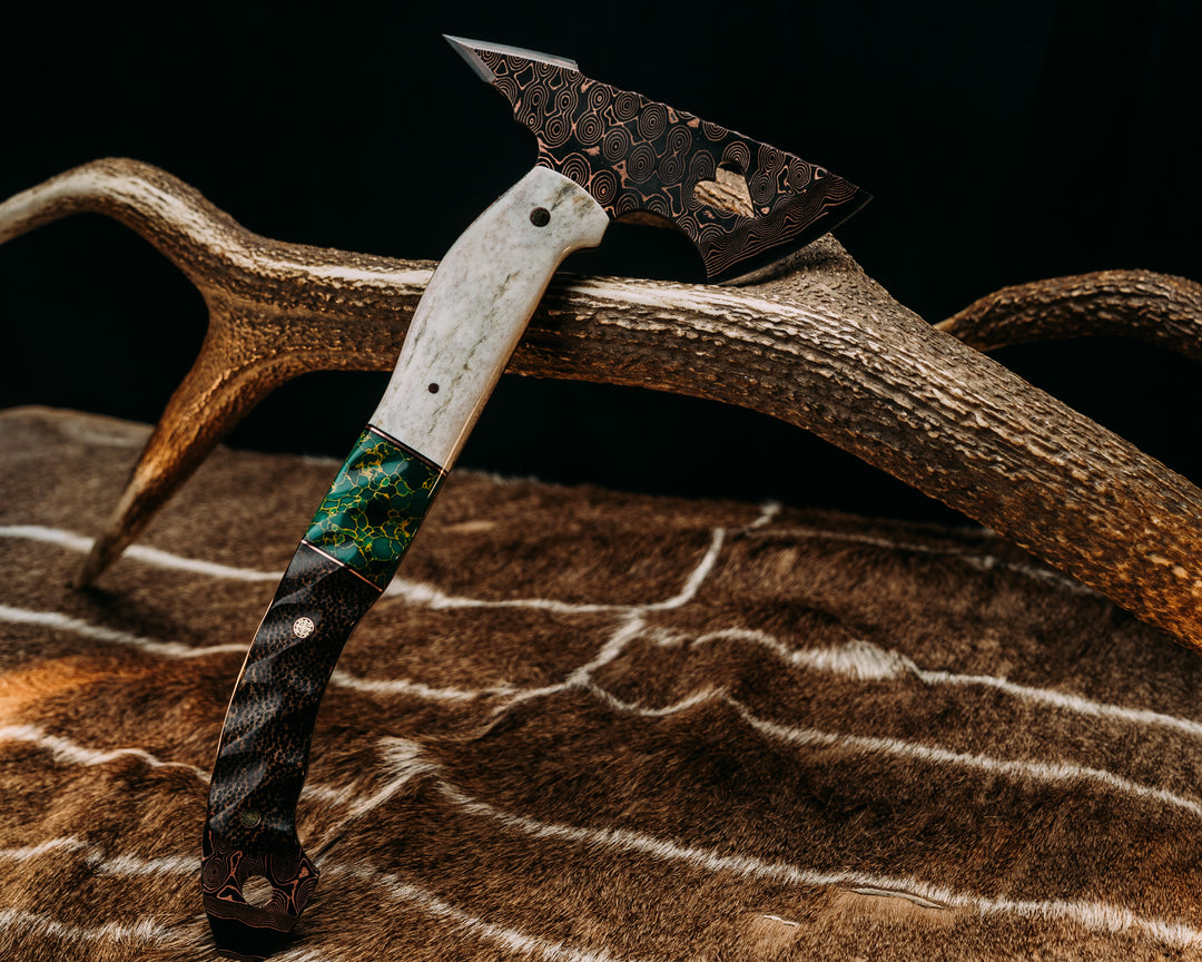Bleeding Heart Hawk- Baker Forge Raindrop CopperMai- Elk Antler, Black G10 and Copper Pin Striping, Arizona Jade Tru-stone Split, Black Palm. Mosaic Pins, 1/8" Copper Pin, Textured Grip