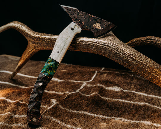 Bleeding Heart Hawk- Baker Forge Raindrop CopperMai- Elk Antler, Black G10 and Copper Pin Striping, Arizona Jade Tru-stone Split, Black Palm. Mosaic Pins, 1/8" Copper Pin, Textured Grip