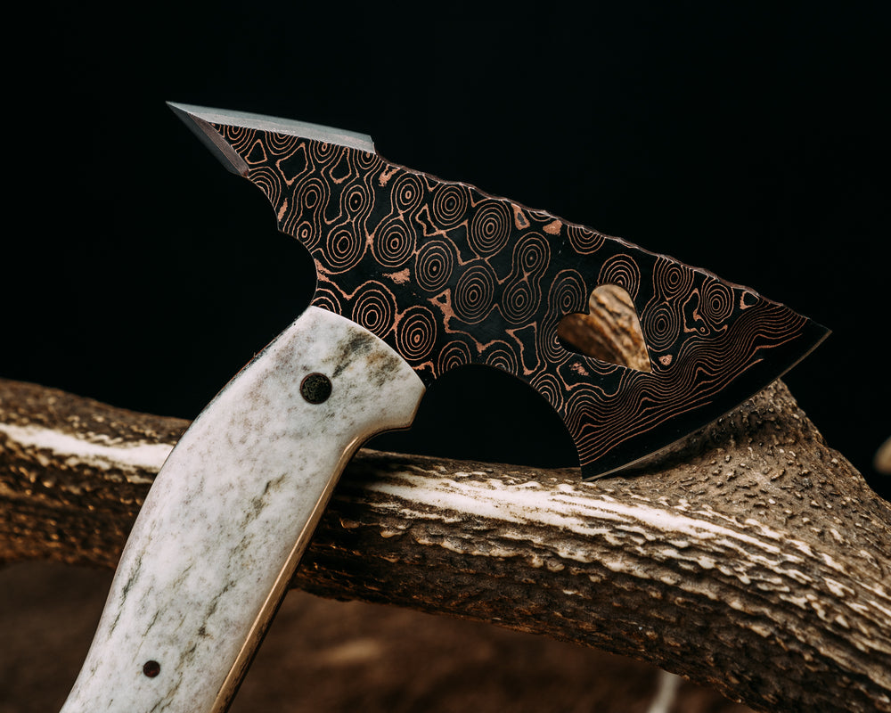 Bleeding Heart Hawk- Baker Forge Raindrop CopperMai- Elk Antler, Black G10 and Copper Pin Striping, Arizona Jade Tru-stone Split, Black Palm. Mosaic Pins, 1/8" Copper Pin, Textured Grip