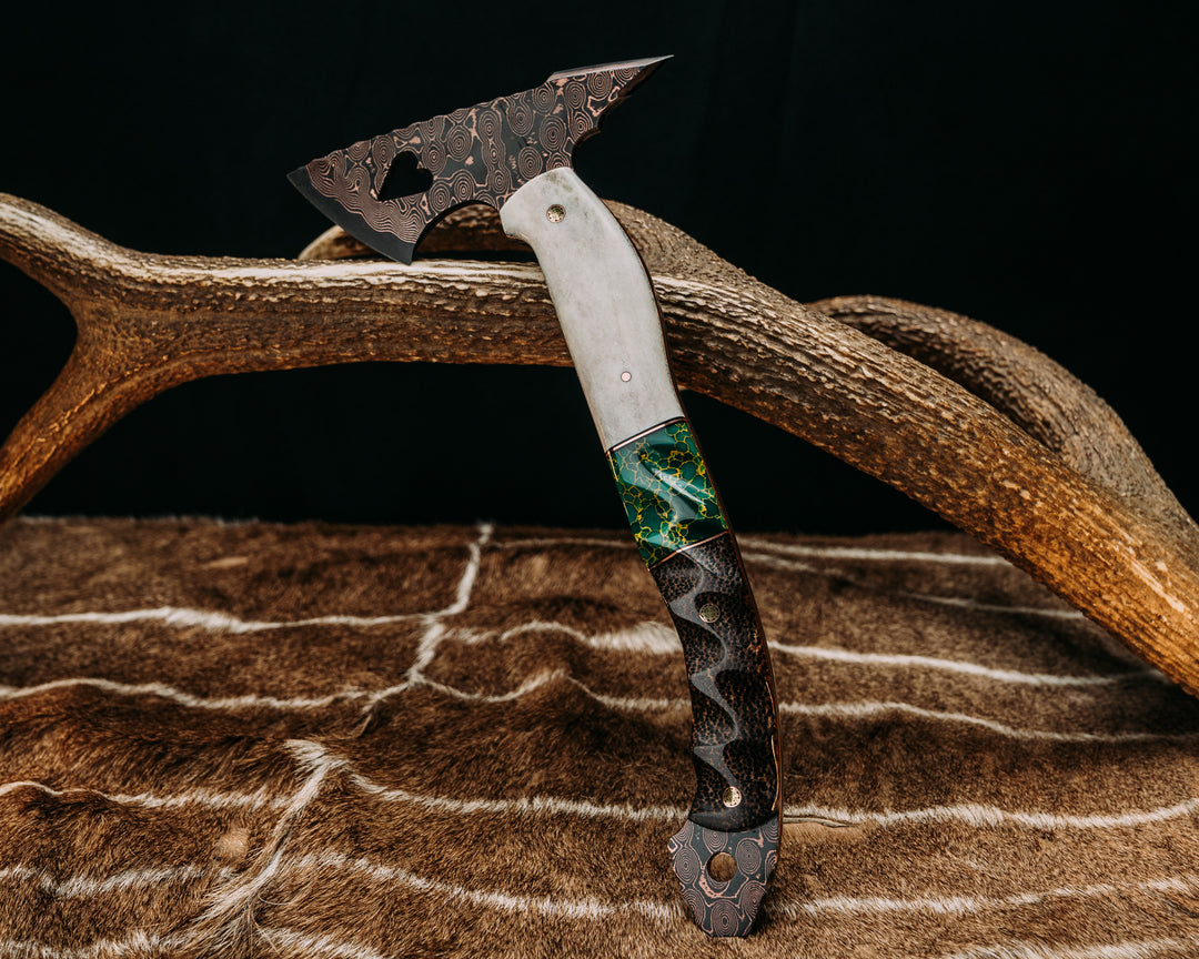 Bleeding Heart Hawk- Baker Forge Raindrop CopperMai- Elk Antler, Black G10 and Copper Pin Striping, Arizona Jade Tru-stone Split, Black Palm. Mosaic Pins, 1/8" Copper Pin, Textured Grip