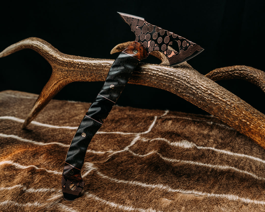 Bleeding Heart Hawk- Baker Forge Raindrop CopperMai- Hawaiian Curly Koa, Black G10 and Brass Pin Striping, Ancient Bog Oak and Bison Horn Split, Mosaic Pins, Textured Grip