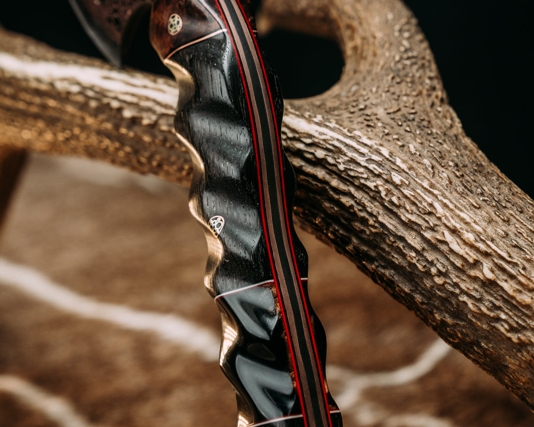 Bleeding Heart Hawk- Baker Forge Raindrop CopperMai- Hawaiian Curly Koa, Black G10 and Brass Pin Striping, Ancient Bog Oak and Bison Horn Split, Mosaic Pins, Textured Grip