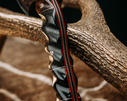 Bleeding Heart Hawk- Baker Forge Raindrop CopperMai- Hawaiian Curly Koa, Black G10 and Brass Pin Striping, Ancient Bog Oak and Bison Horn Split, Mosaic Pins, Textured Grip