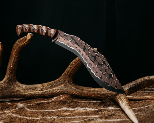 Kukri- Baker Forge CopperMai Raindrop (Ni-Shim)- Vintage Brown Canvas Micarta, Mosaic Pins, 1/8" Mosaic Pin, Textured Grip