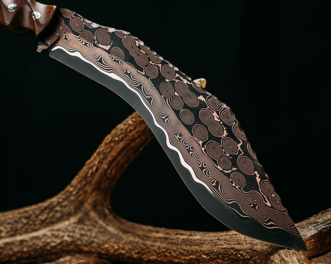 Kukri- Baker Forge CopperMai Raindrop (Ni-Shim)- Vintage Brown Canvas Micarta, Mosaic Pins, 1/8" Mosaic Pin, Textured Grip