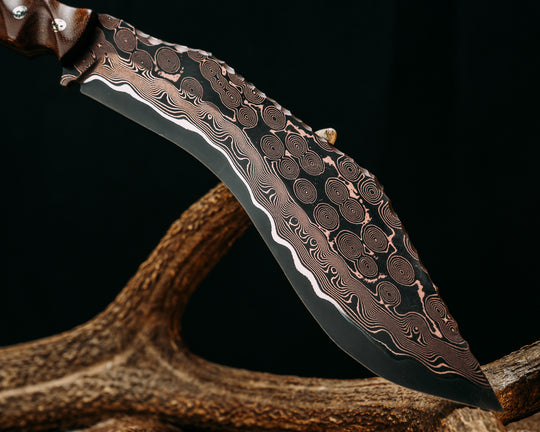 Kukri- Baker Forge CopperMai Raindrop (Ni-Shim)- Vintage Brown Canvas Micarta, Mosaic Pins, 1/8" Mosaic Pin, Textured Grip