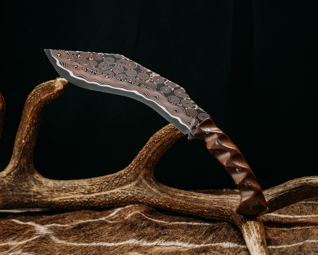 Kukri- Baker Forge CopperMai Raindrop (Ni-Shim)- Vintage Brown Canvas Micarta, Mosaic Pins, 1/8" Mosaic Pin, Textured Grip