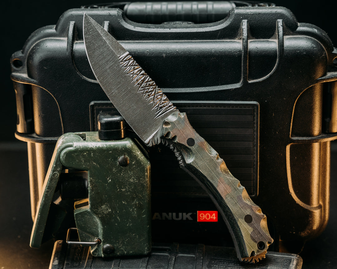 Cavner- 1996 Retired German Flecktarn Service Cammie Micarta, CF Pins, Textured Grip