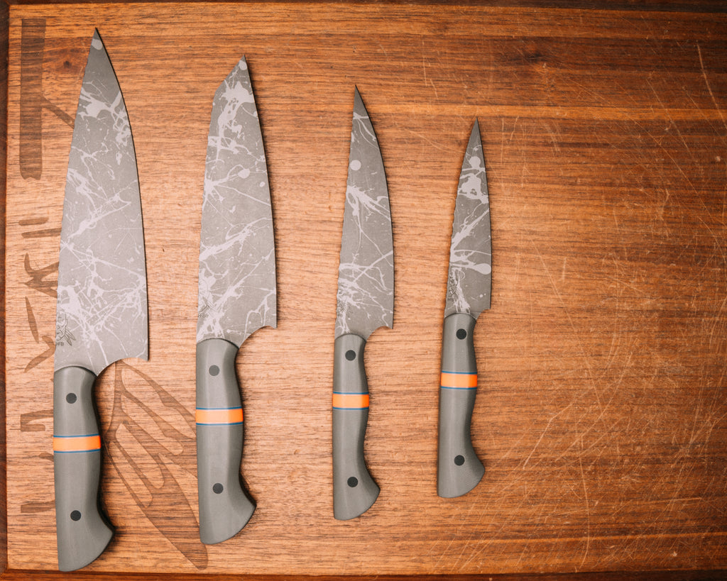 Chef Set- Grey G10, blue G10, grey G10 and copper pin striping, orange G10 split, CF pins, smooth grip