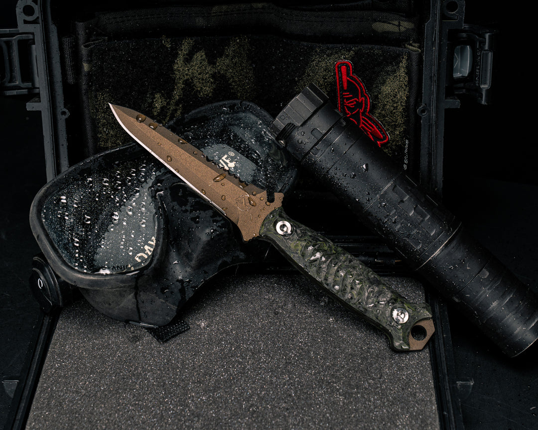 Dive Knife Tanto- Green Dark Matter FAT Carbon, Midnight Bronze Cerakote, Ti Torx Bolts, Textured Grip