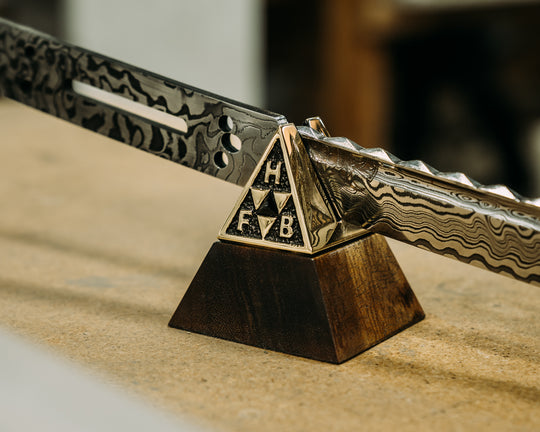 Katana - Baker Forge Matrix Stainless Steel Damascus - Hand Carved & Shaped Solid Brass, Brass Allen Bolts, Textured Grip w/ Stand, Hawaiian Curly Koa with Solid Brass Cap & Obsidian Stone Inlay