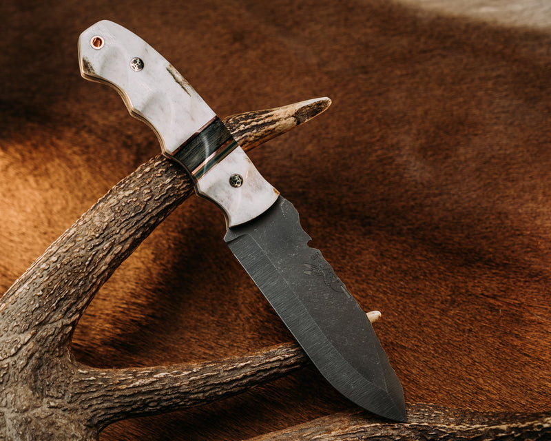 Notched Disaster Breacher - Elk Antler, Copper w/ Black, OD Green, & Forrest Green G10 Pin Striping, Navy SEAL AOR2 Cammie Micarta Split, Mosaic Pins, Textured Grip.