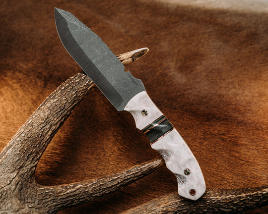 Notched Disaster Breacher - Elk Antler, Copper w/ Black, OD Green, & Forrest Green G10 Pin Striping, Navy SEAL AOR2 Cammie Micarta Split, Mosaic Pins, Textured Grip.