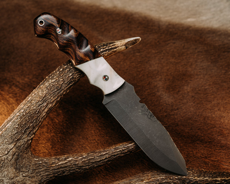 Notched Disaster Breacher - Elk Antler, Brass Pin Stripe Split, Desert Ironwood, Patriot Mosaic Pins, Textured Grip.