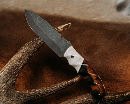Notched Disaster Breacher - Elk Antler, Brass Pin Stripe Split, Desert Ironwood, Patriot Mosaic Pins, Textured Grip.