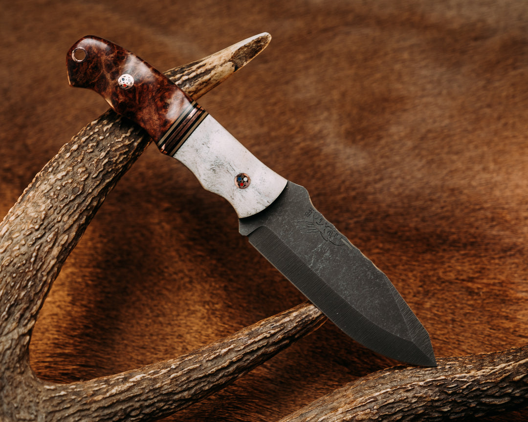 Disaster Jr - Elk Antler, Black & OD Green G10, Copper Splits, Amboyna, Mosaic Pins, Textured Grip.