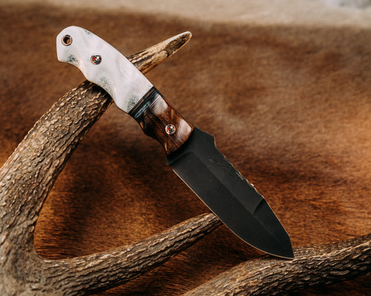 Disaster Jr Gen 3 - Desert Ironwood, Black G10 & Copper Pin Striping, American Flag Micarta, Elk Antler, Mosaic Pins, Textured Grip.