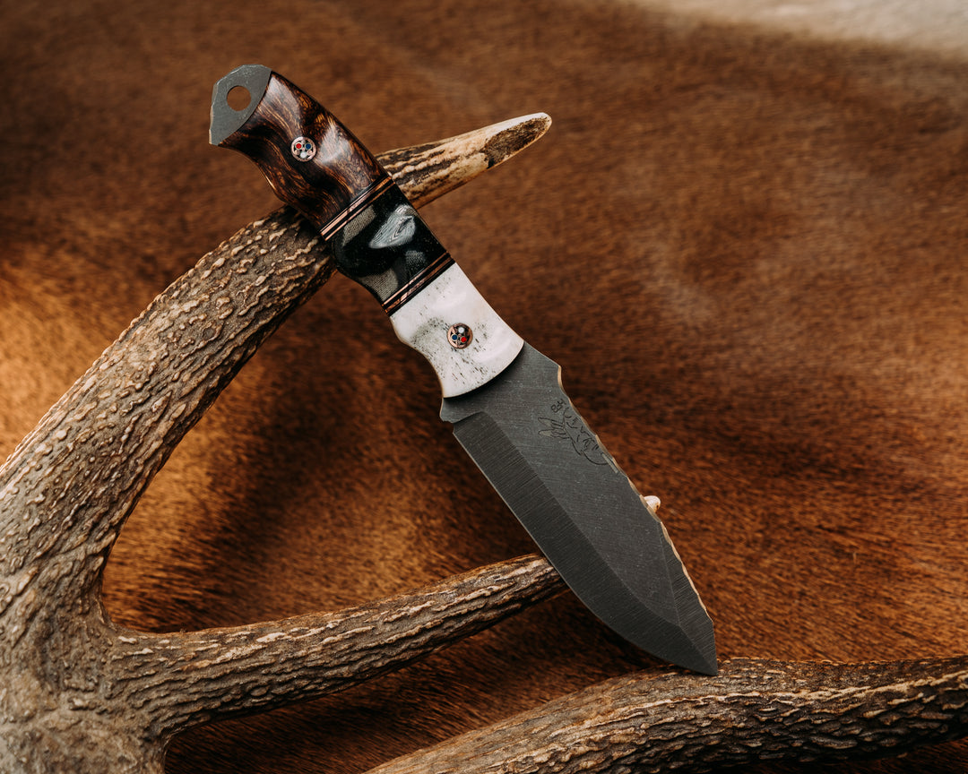 Disaster Jr - Elk Antler, Black G10 & Copper Pin Striping, ??? Micarta in Resin, Desert Ironwood, Copper Patriot Mosaic Pins, Textured Grip.