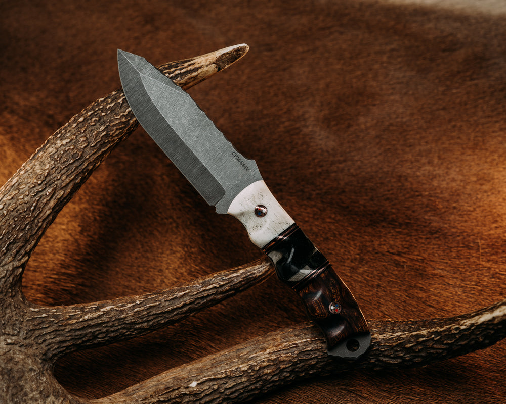 Disaster Jr - Elk Antler, Black G10 & Copper Pin Striping, ??? Micarta in Resin, Desert Ironwood, Copper Patriot Mosaic Pins, Textured Grip.