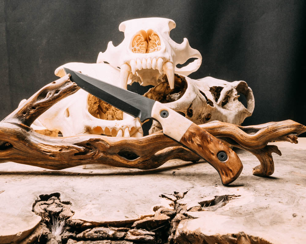 Boogeyman- dyed camel bone, redwood burl, Armor black cerakote, allen bolts, smooth grip