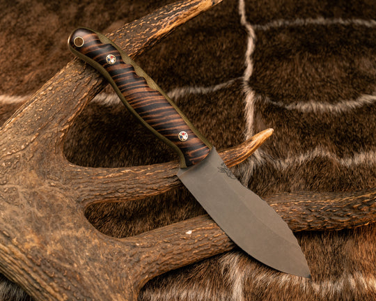 Hunter Skinner- Hawaiian Curly Koa Over OD Green Canvas Micarta, Patriot Mosaic Pins, Brass Lanyard Pin, Textured Grip