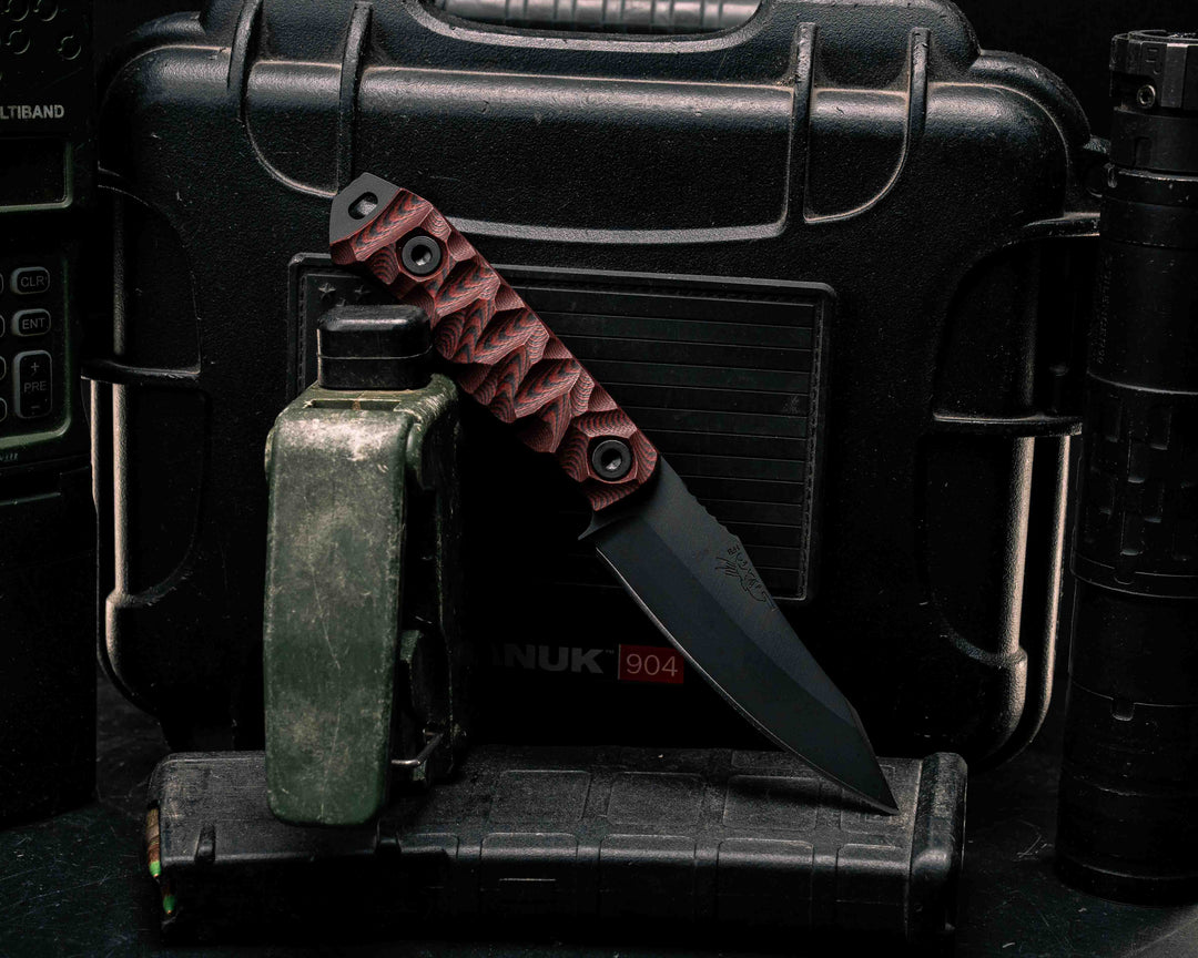 Field Knife Jr- Red and Black G10, Armor Black Cerakote, Allen Bolts, Textured Grip
