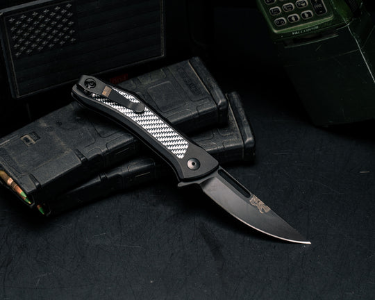 Custom Kwaiken Folder- Silver Weaved Carbon Fiber, Anodized Black Handle, Black Nitride Blade, Smooth Grip, Deep Carry Pocket Clip