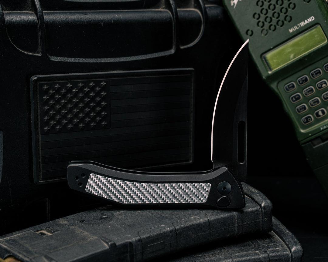 Custom Kwaiken Folder- Silver Weaved Carbon Fiber, Anodized Black Handle, Black Nitride Blade, Smooth Grip, Deep Carry Pocket Clip