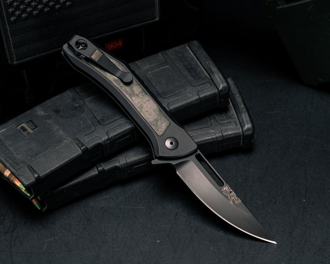 Custom Kwaiken Folder- Green Dark Matter Carbon Fiber, Anodized Black Handle, Black Nitride Blade, Smooth Grip, Deep Carry Pocket Clip
