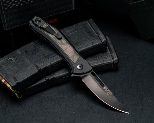 Custom Kwaiken Folder- Green Dark Matter Carbon Fiber, Anodized Black Handle, Black Nitride Blade, Smooth Grip, Deep Carry Pocket Clip