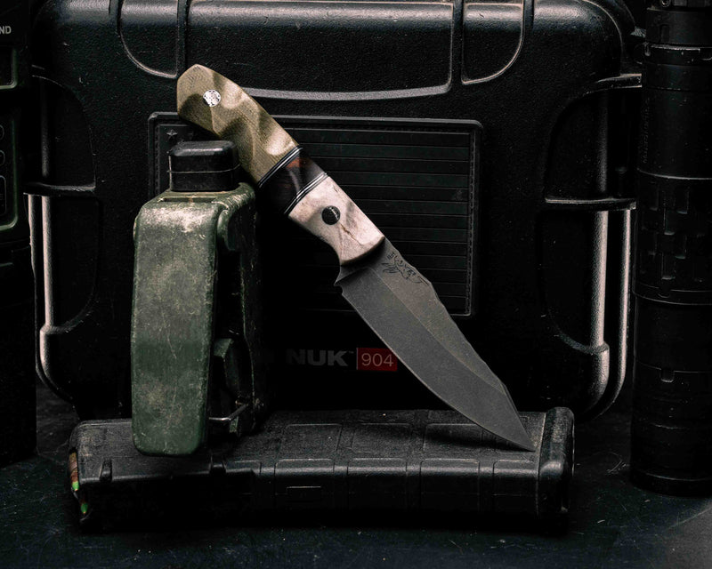 Field Knife Jr - Elk Antler, Black G10, Brass and Aluminum Pin Striping, Desert Ironwood Split, OD Green Canvas Micarta, Mosaic Pins, Textured Grip