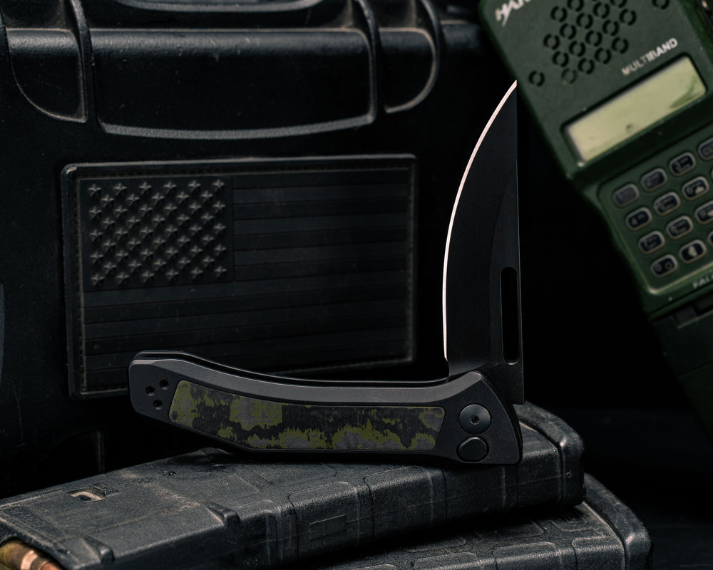 Custom Kwaiken Folder- Green Dark Matter Carbon Fiber, Anodized Black Handle, Black Nitride Blade, Smooth Grip, Deep Carry Pocket Clip