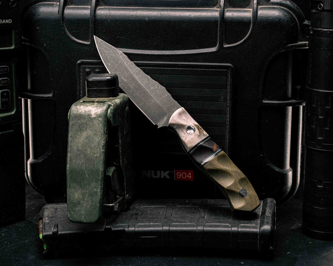 Field Knife Jr - Elk Antler, Black G10, Brass and Aluminum Pin Striping, Desert Ironwood Split, OD Green Canvas Micarta, Mosaic Pins, Textured Grip