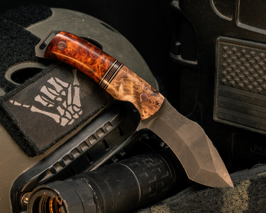 Buteo- Maple, Black G10, Coyote G10, White G10 and Copper Split, Amboyna Burl, Copper Pins, Textured Grip