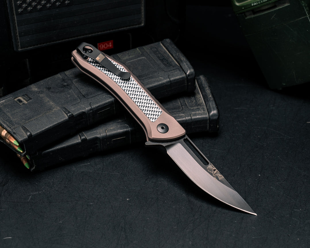 Custom Kwaiken Folder- Silver Weaved Carbon Fiber, Anodized Grey Handle, Black Nitride Blade, Smooth Grip, Deep Carry Pocket Clip