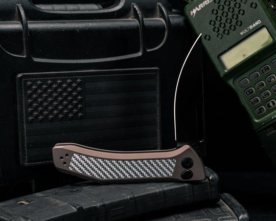 Custom Kwaiken Folder- Silver Weaved Carbon Fiber, Anodized Grey Handle, Black Nitride Blade, Smooth Grip, Deep Carry Pocket Clip