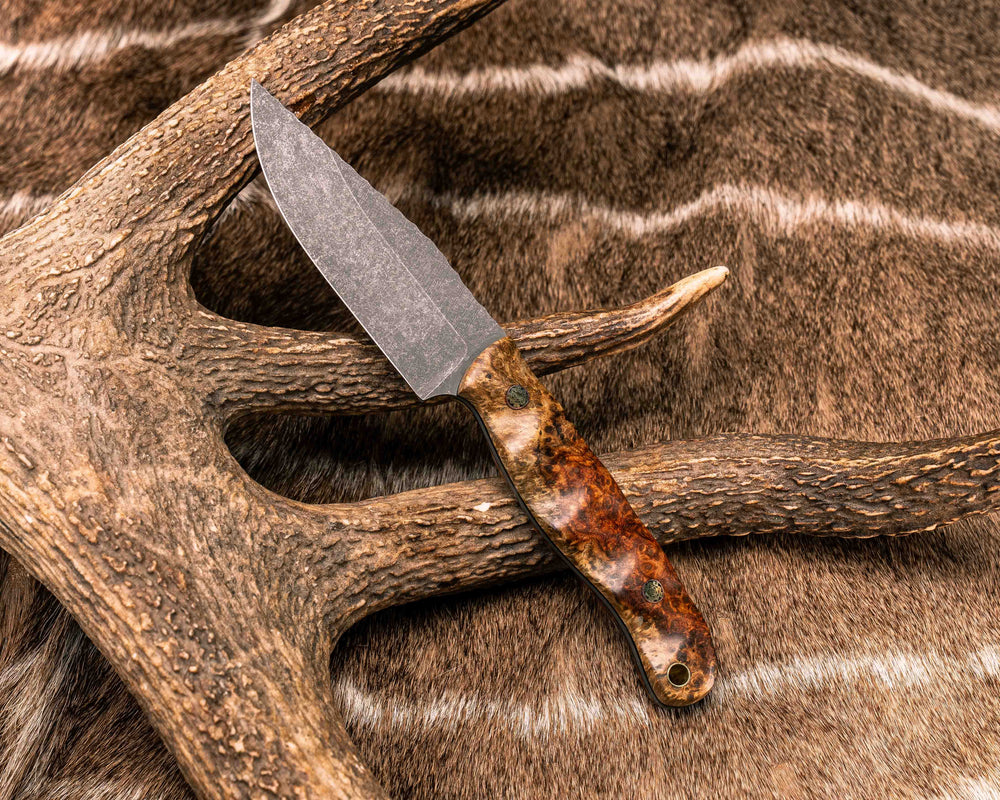 Crow Scalper- Lion's Blood Amboyna, Mosaic Pins, Brass Lanyard Pin, Textured Grip