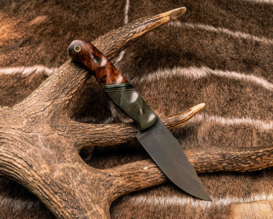 Crow Jr- OD Green Canvas Micarta, Black G10, OD Green G10 and Brass Split, Desert Ironwood, Mosaic Pins, Brass Lanyard Pin, Textured Grip
