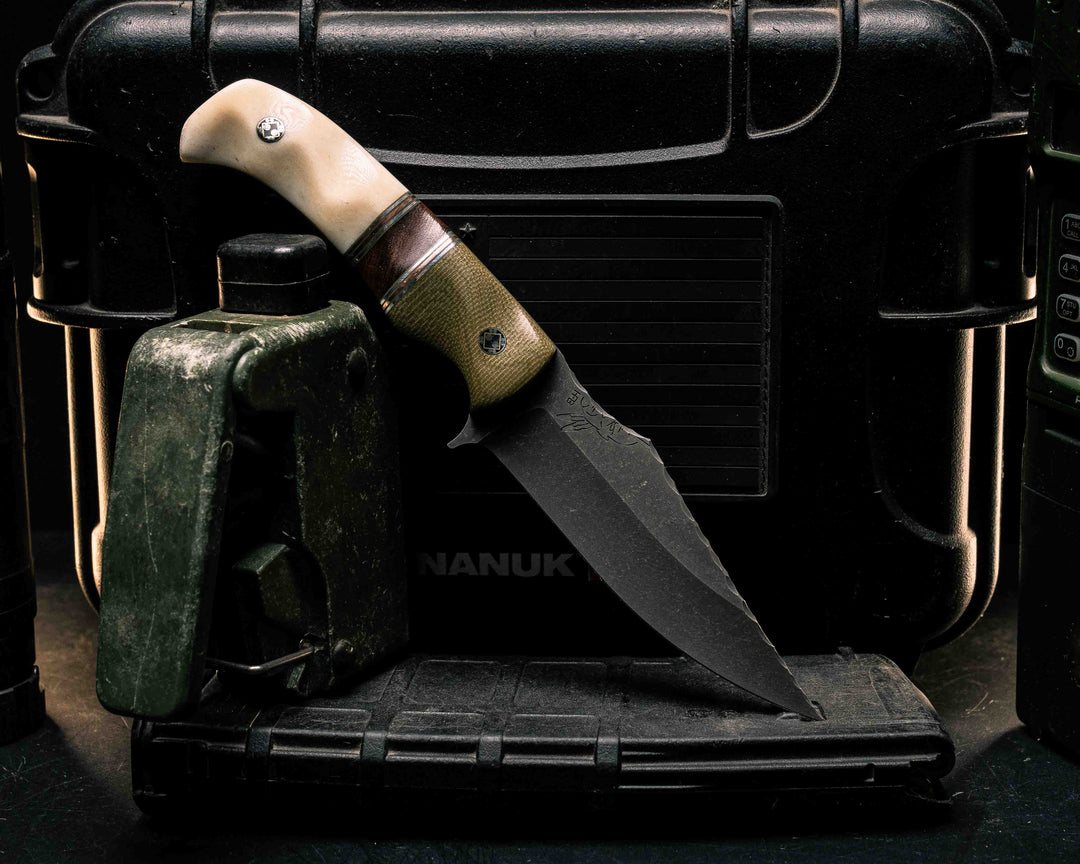 Tosahwi- OD Green Canvas Micarta, OD Green G10, Aluminum and Copper Pin Striping, Desert Ironwood Split, Giraffe Bone, Mosaic Pins, Textured Grip