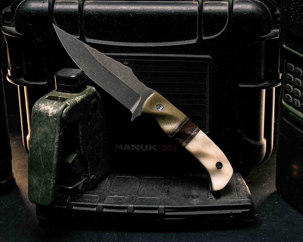 Tosahwi- OD Green Canvas Micarta, OD Green G10, Aluminum and Copper Pin Striping, Desert Ironwood Split, Giraffe Bone, Mosaic Pins, Textured Grip