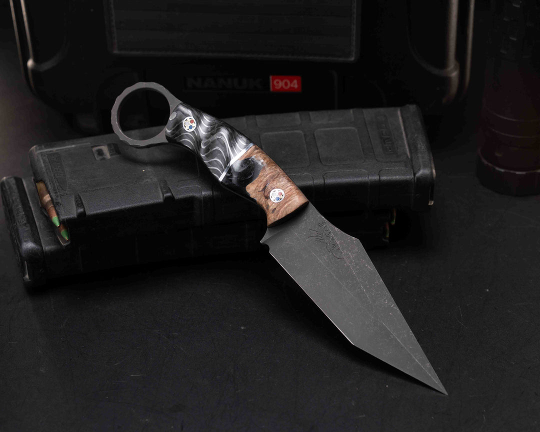 Ring Tac Tanto- Burlwood with Resin, Aluminum Split, Silver Dragon Strike Carbon, Patriot Mosaic Pins, Smooth Grip