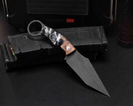 Ring Tac Tanto- Burlwood with Resin, Aluminum Split, Silver Dragon Strike Carbon, Patriot Mosaic Pins, Smooth Grip