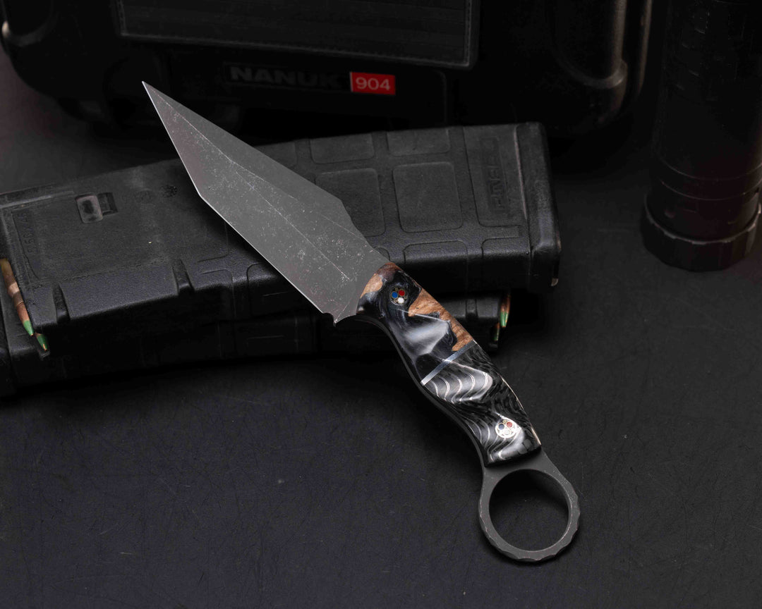 Ring Tac Tanto- Burlwood with Resin, Aluminum Split, Silver Dragon Strike Carbon, Patriot Mosaic Pins, Smooth Grip