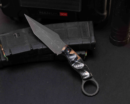 Ring Tac Tanto- Burlwood with Resin, Aluminum Split, Silver Dragon Strike Carbon, Patriot Mosaic Pins, Smooth Grip