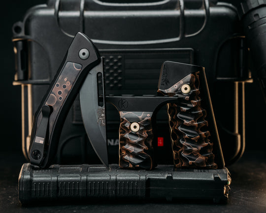 HFB x Kinetic AR Grip System + Custom Kwaiken Folder Bundle - Raffir Noble Curly Bronze, Brass Allen Bolts, Black Cerakote Frames, Snake Textured Grip
