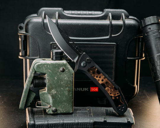 HFB x Kinetic AR Grip System + Custom Kwaiken Folder Bundle - Raffir Noble Curly Bronze, Brass Allen Bolts, Black Cerakote Frames, Snake Textured Grip