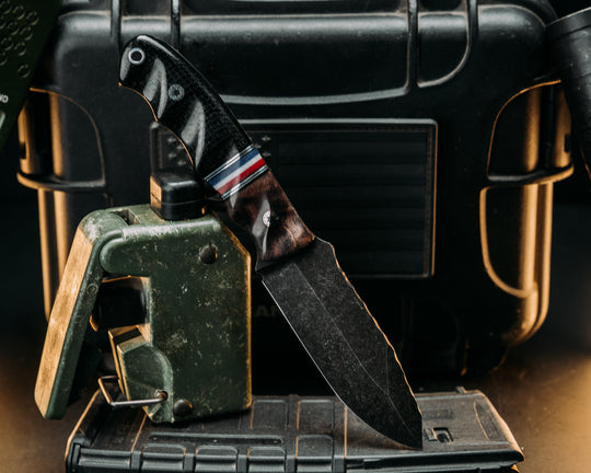Disaster Jr - Redwood, Black G10 & Aluminum Pin Striping, Americana G-carta, Black Canvas Micarta, Mosaic Pins, Aluminum Lanyard Pin.