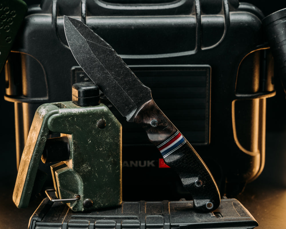 Disaster Jr - Redwood, Black G10 & Aluminum Pin Striping, Americana G-carta, Black Canvas Micarta, Mosaic Pins, Aluminum Lanyard Pin.