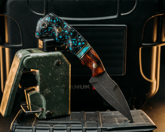3" HUMINT - Desert Ironwood, Black G10 & Brass Pin Striping, Turquoise w/ Brass Web, Turquoise RockyWaves Carbon Fiber, Mosaic Pins, Brass lanyard Pin.